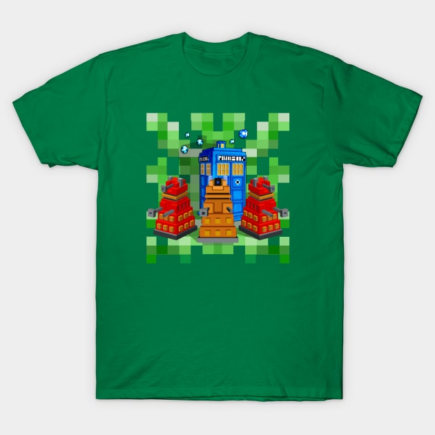 8bit Robot Droid Dalek With Blue Phone box T-Shirt by Dezigner007